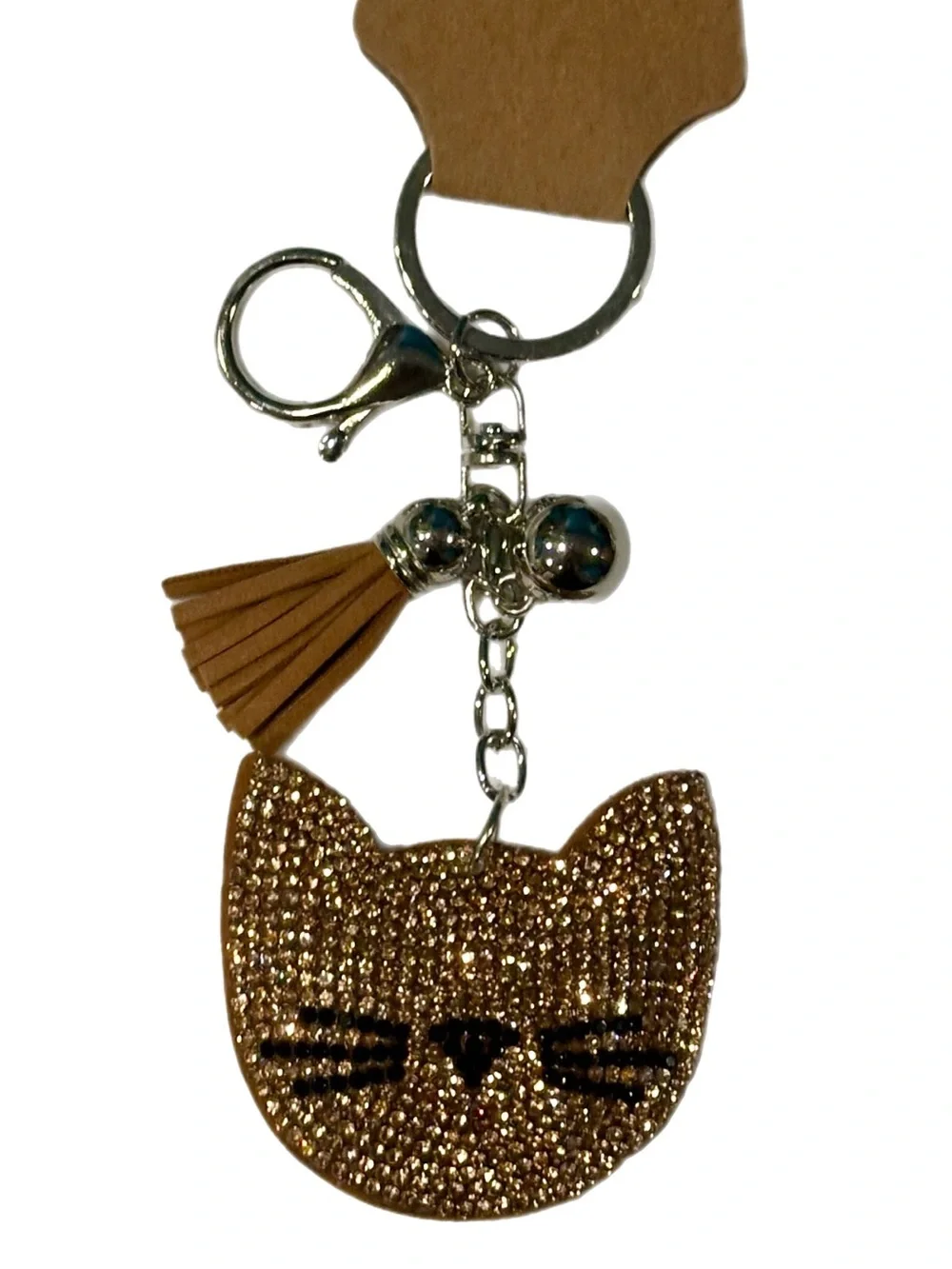 Crystal Cat Puffy Tassel Keychain - Gold